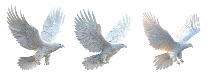 Majestic white eagle in flight, showcasing dynamic wing positions against a clear backdrop