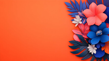 Obraz premium Vibrant paper flowers on orange background; summer, tropical design; perfect for greeting cards or websites