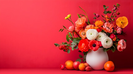 Obraz premium Vibrant spring flowers in vase, red background, fruit, still life, greeting card