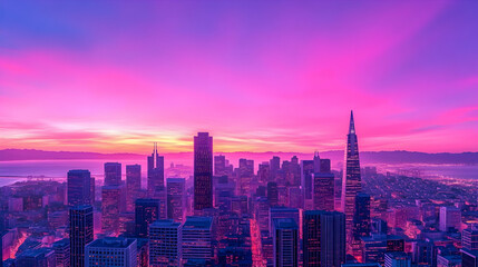 Fototapeta premium Vibrant sunrise over city skyline, hazy hills in background; ideal for travel, city, or landscape projects