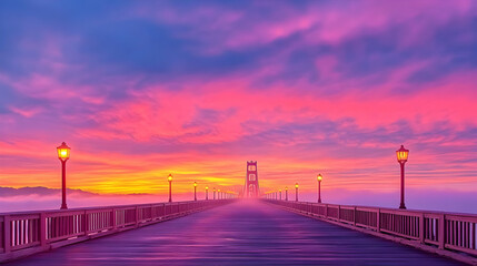 Obraz premium Vibrant sunrise over foggy bridge, peaceful landscape, serene morning, travel destination, picturesque scene