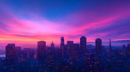 Vibrant sunset cityscape panorama, city skyline at dusk, urban landscape, majestic clouds, background for travel brochures