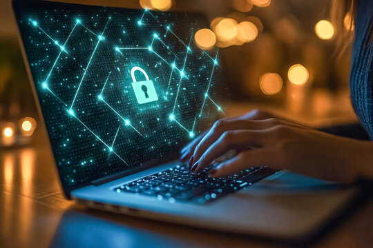 Cybersecurity concept with digital lock on laptop screen for business protection. Safer Internet Day