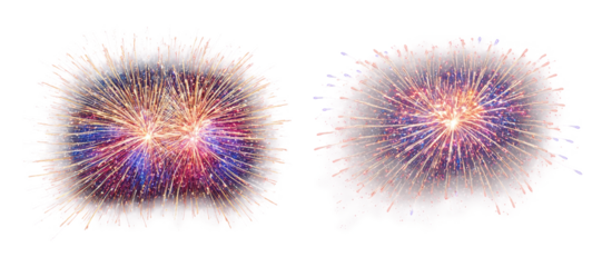 A vibrant fireworks explosion bursting in the night sky, with colorful trails and sparks, all against a transparent background.