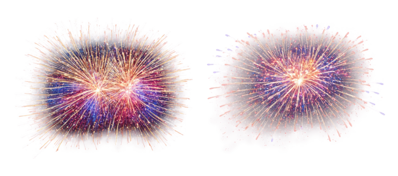 A vibrant fireworks explosion bursting in the night sky, with colorful trails and sparks, all against a transparent background.