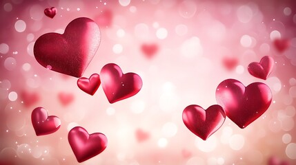 A digital image featuring several red hearts floating against a soft pink bokeh background, ideal for Valentine's Day.