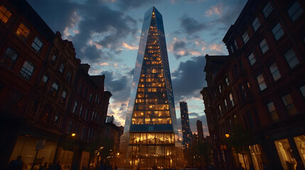 Skyscraper at dusk, city street, glowing windows, urban landscape, architectural photography, real estate