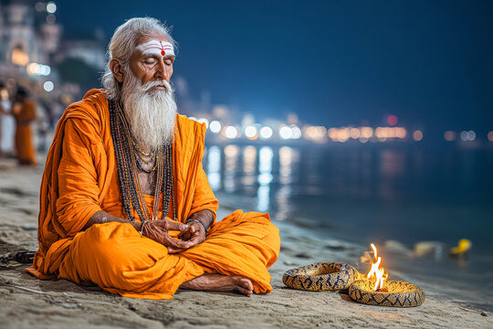 Tranquil meditation of a yogi by the river at night