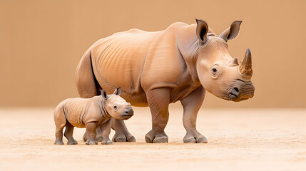 Fototapeta premium White rhino mother and calf in African savanna; wildlife conservation poster