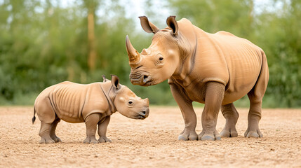 Obraz premium White rhino mother and calf in savannah; wildlife conservation
