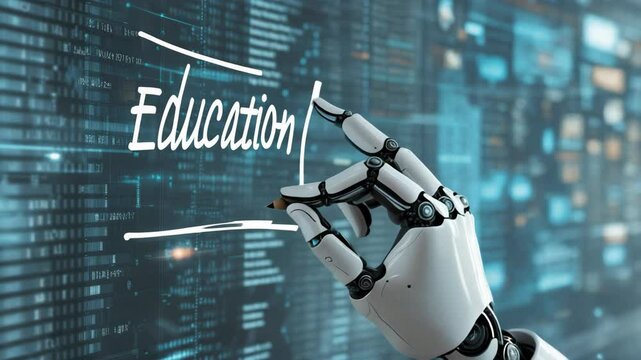 AI robotic hand writing education concept in futuristic digital environment

