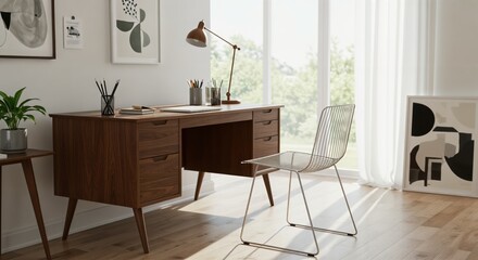 Modern home office with mid-century desk, wire chair, and minimalist decor in sunlit room