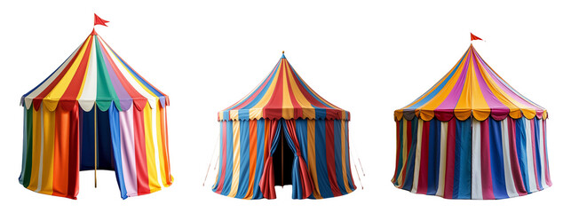 Colorful striped circus tents isolated on a transparent background