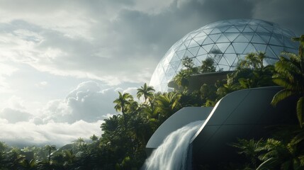 Futuristic glass dome park with tropical plants and a serene waterfall in urban setting