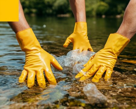 Eco-Conscious Community Action Diverse Volunteers in Recycled Materials Gloves Cleaning Riverfront - Environmental Impact and Social Campaign for Urban Sustainability - Powered by Adobe