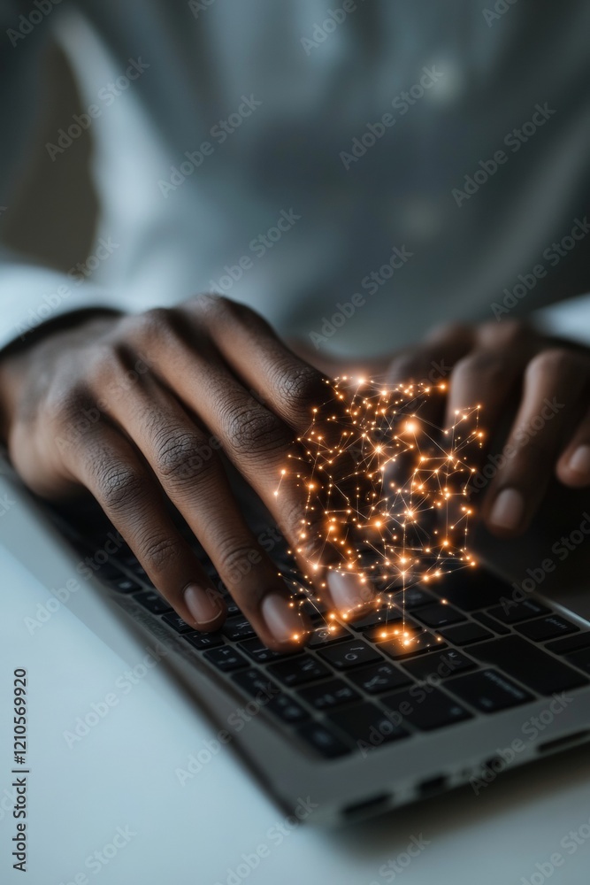 Poster digital networking dynamics close-up of typing hands on laptop in minimalist home office - streamlin