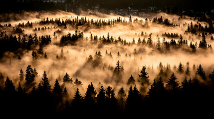 Sunrise over misty mountain forest, aerial view. Use Nature, travel, background