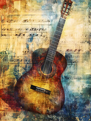 Abstract Artistic Guitar Illustration with Musical Notes Background : Generative AI