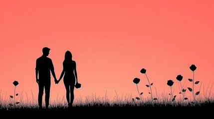 A couple stands hand in hand against a vibrant sunset, with silhouettes of flowers in the foreground, evoking romance and tranquility.
