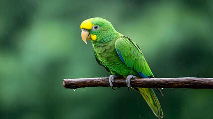 Yellow-crowned amazon parrot perched on branch, rainforest rain, nature wildlife