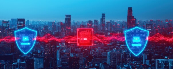 A futuristic city skyline with glowing shields and a digital element, representing cybersecurity and data protection.