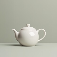 A minimalist white teapot placed on a soft, muted green surface, emphasizing simplicity and elegance in design.