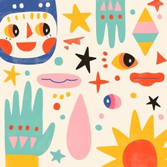 A colorful, whimsical design featuring playful shapes, faces, and vibrant patterns, creating a cheerful and artistic atmosphere.