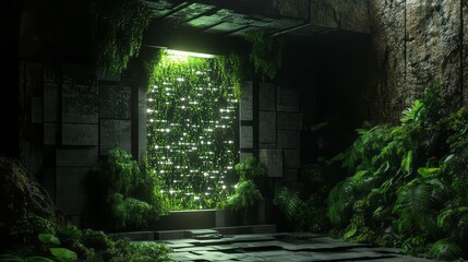 Naklejka premium A futuristic door made of stone, with plants growing on it, is illuminated by lights and surrounded by lush greenery in an underground space. 