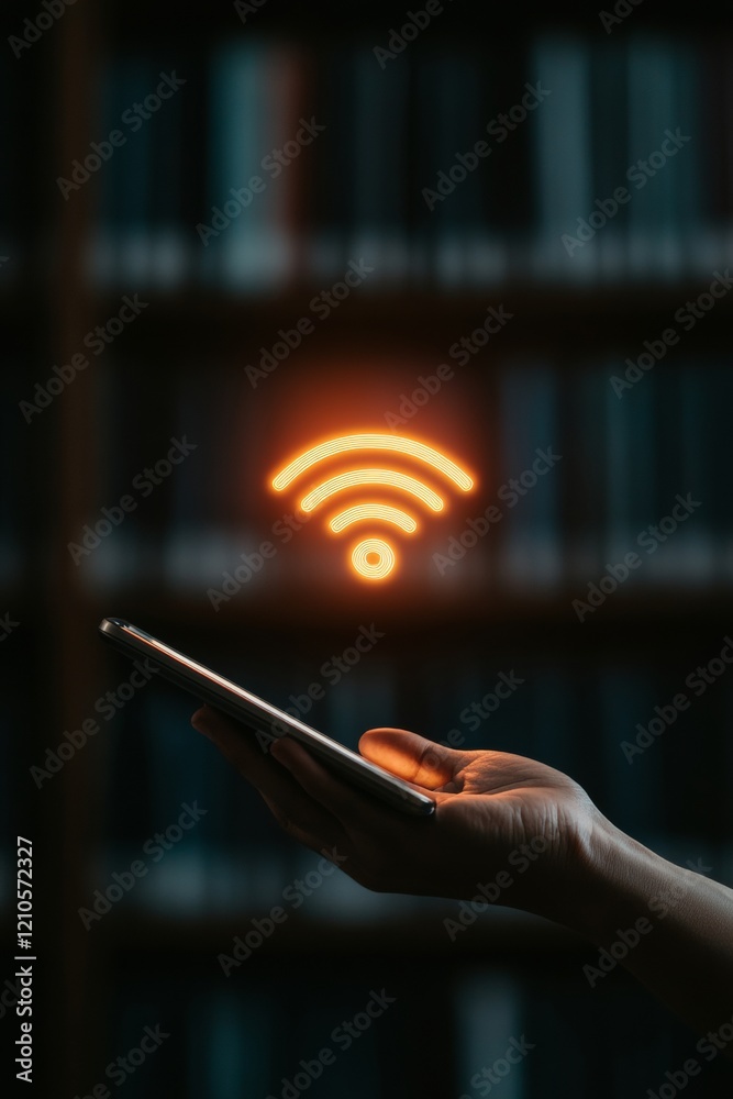 Fototapete cybersecure learning environment tablet with wi-fi alert in tech-aesthetic library - enhancing remot