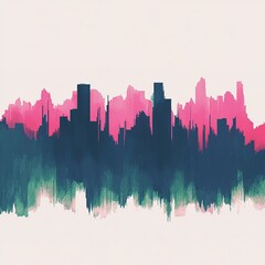 Fototapeta premium A vibrant abstract skyline in shades of pink, teal, and dark blue, set against a light background, showcasing urban energy and artistic flair.