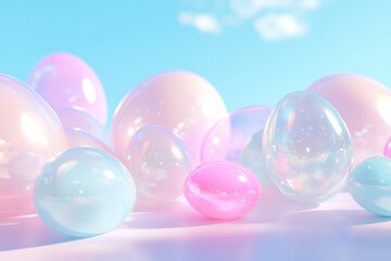 Fototapeta premium Colorful translucent bubbles resting on a white surface under a blue sky with distant clouds