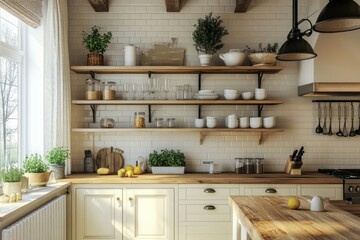 A cozy cottage kitchen with open shelving, rustic wooden countertops, and vintage-style fixtures