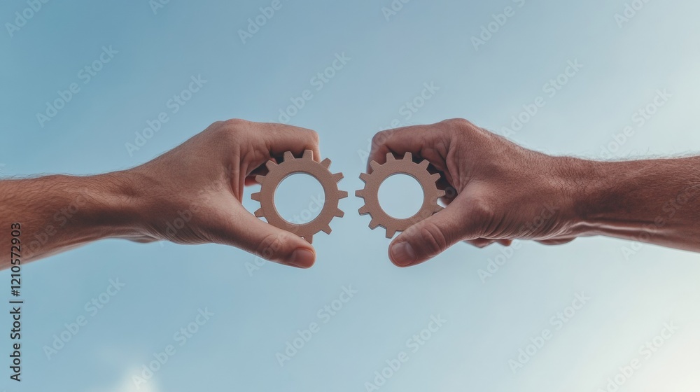 Poster collaborative synergy hands engaging with metallic gears against blue sky - engineering innovation a