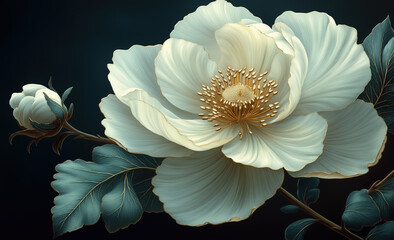 A large, intricate white flower with golden accents, featuring layered petals and a central golden stamen. Generativ AI