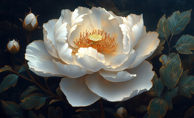 A large, intricately detailed white rose with soft golden accents, surrounded by elegant dark leaves and swirling decorative elements. Generativ AI