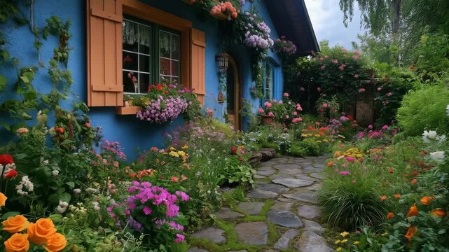 Vibrant blooming garden path with colorful flowers and rustic cottage charm