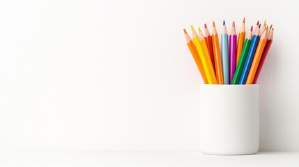 Colorful pencils in a white holder on a minimalistic background. Generative AI
