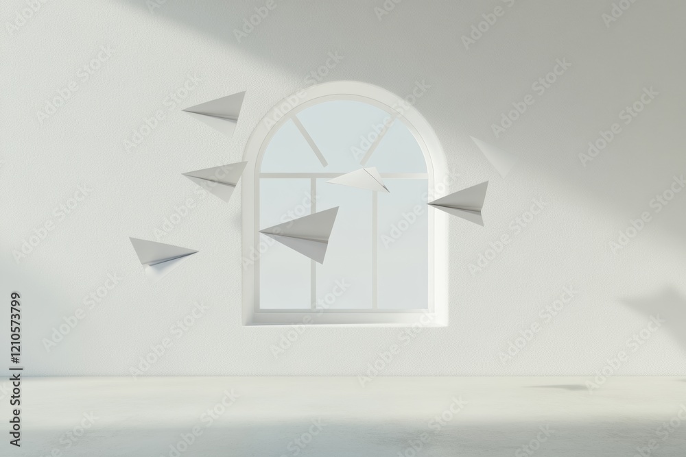 Poster Minimalist Tech-Inspired Workspace Floating Paper Airplanes in Bright Office - Communicative Design for Modern Business and Remote Connectivity Solutions