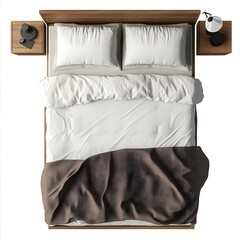 Top Down View of King Size Hotel Style Bed with Crisp White Linens and Plush Brown Comforter