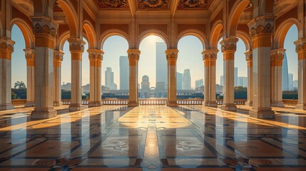 Metropolitan Plaza with Iconic Landmarks.  captured in soft morning light reflecting classical elegance, and metropolitan allure in high definition photography styled in urban classicism.