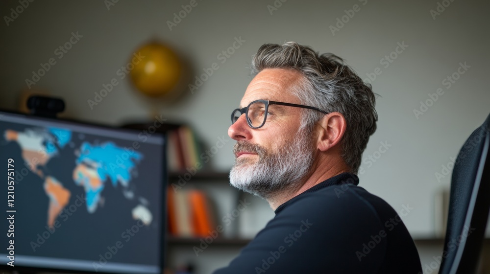 Poster Contemporary Virtual Office Middle-Aged White Man in Smart Tech Workspace with Dual Monitors and Tidy Bookshelf - Enhancing Remote Business Productivity