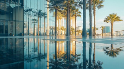 Fototapeta premium Reflective Serenity: Modern Architecture and Palm Trees Mirrored in Still Water