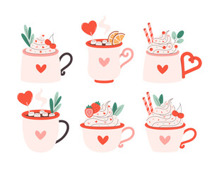 Holiday hot drinks with festive topping, marshmallow, cherry, strawberry in cute mug. Creamy coffee, hot chocolate, hot cocoa. Perfect for celebration Valentine Day. Vector illustration in flat style