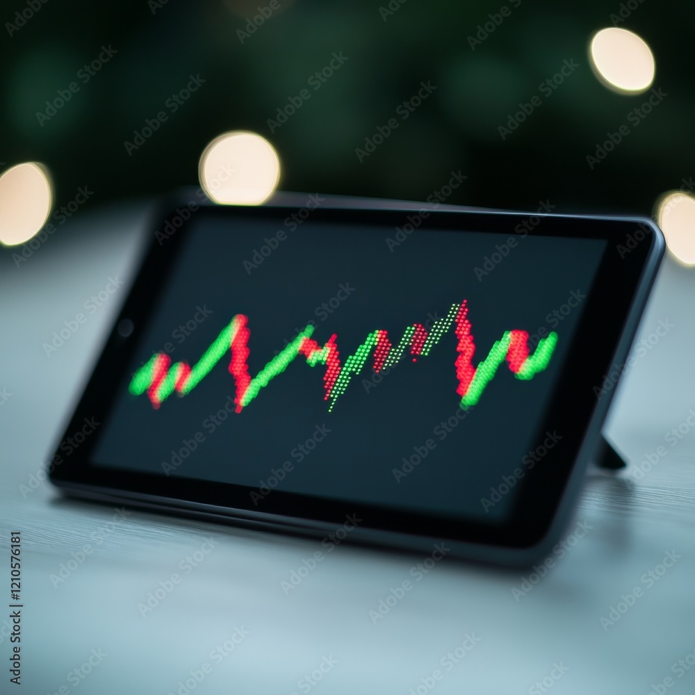 Aufkleber sleek crypto trading display tablet with led charts on wood - essential for digital finance insights