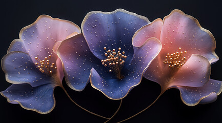 3D render of three ginkgo leaves, each with gold beads at the petal tips and a metallic sheen, creating an elegant composition on a black background. Generative AI