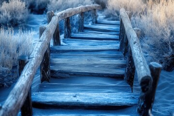 Wooden stairs leading through frosty desert landscape, a tranquil winter scene.