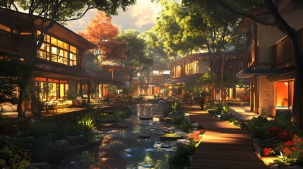 Fototapeta premium Serene Asian Village with Waterway and Wooden Walkway