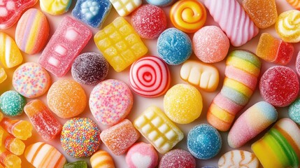 Fototapeta premium Vibrant Assorted Gummy Candies: Closeup of Colorful Jelly Sweets on a Bright Abstract Background