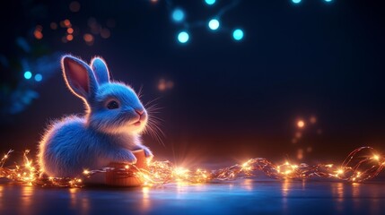 Festive blue rabbit surrounded by sparkling lights. Generative AI