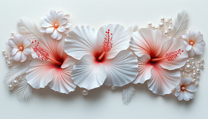 3D flowers, white hibiscus and plumeria with feathers and pearls on the background, on an isolated white background. Generativ AI